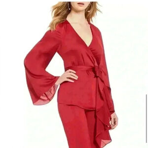 KEEPSAKE the Label Breathe Satin Wrap Bell Sleeve Top Size Medium Red